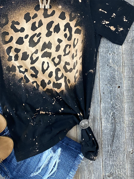 

T-Shirt a Girocollo Leopardo Casuale di Misto Cotone, Nero, T-Shirts