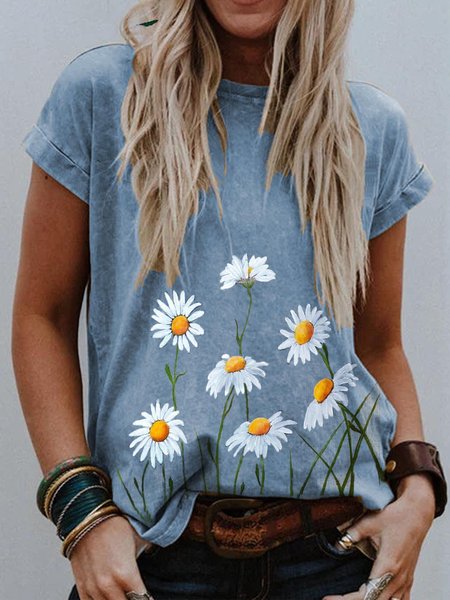 

Floral Short Sleeve T-shirt, Blue, Tops