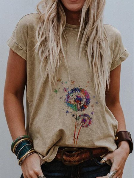 

T-Shirt Stampato Floreale Casuale di Misto Cotone, Cachi, Tops