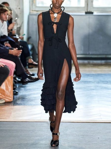 Abito Casuale con Scollo a V, Nero, Dresses