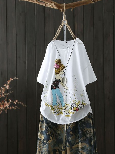 

T-Shirt a Girocollo Floreale Casuale di Cotone, Bianco, Blouses & Shirts