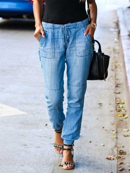 

Pantaloni Casuale Coulisse Patchwork di Cotone, Blu, Pants