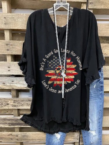 

Top con Scollo a V Lettera di Misto Cotone, Nero, T-Shirts