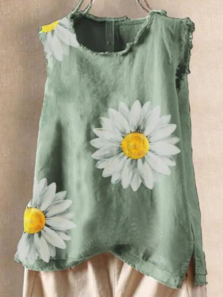Zolucky Green Round Neck Graphic Sleeveless Simple Tank Tops, Tank Top