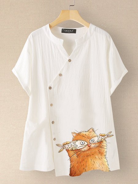 

Top Stampato Floreale Casuale di Misto Cotone, Bianco, Blouses & Shirts