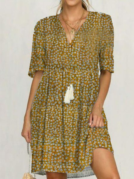Abito con Scollo a V Stampato, Giallo, Summer dresses