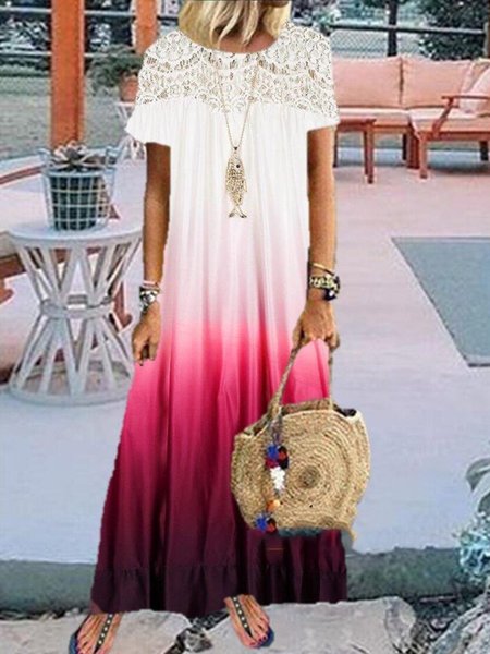 

Abito a Girocollo Casuale Vintage Pizzo, Rosso, Maxi Dresses