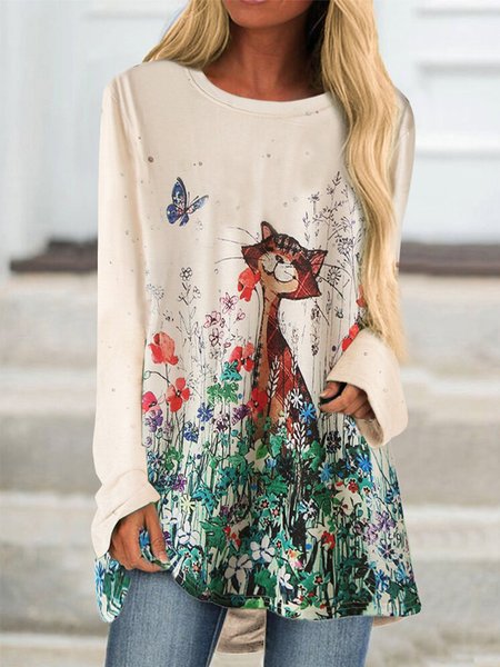 

Beige Cotton-Blend Long Sleeve Round Neck Printed T-shirt, Tops