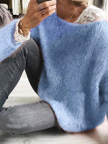 

Maglione Casuale Maniche Lunghe a Maglia Solido, Blu, Sweater