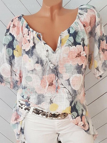 

T-Shirt con Scollo a V Casuale Dritto, Fiore, Blouses & Shirts