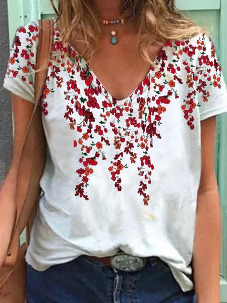 

T-Shirt Casuale Stampato Floreale di Misto Cotone, Bianco, Tops