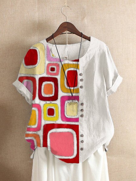 

White Casual Geometric Floral-Print Tops, Tops