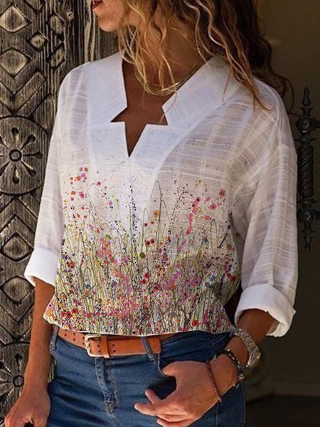 

Top con Scollo a V Casuale Stampato Floreale, Bianco, Blouses & Shirts