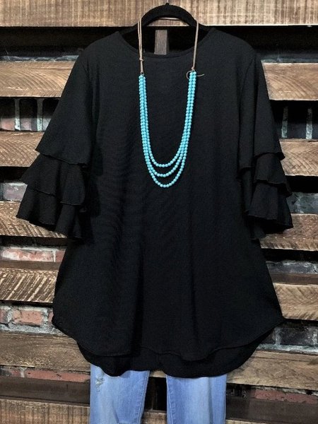 

Crew Neck Cotton-Blend Casual Solid Tops, Black, Long sleeve tops