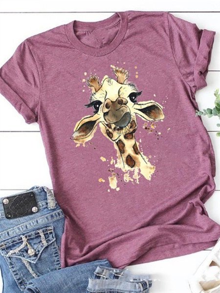 

Crew Neck Cartoon Casual Cotton T-shirt, Purple, Tops
