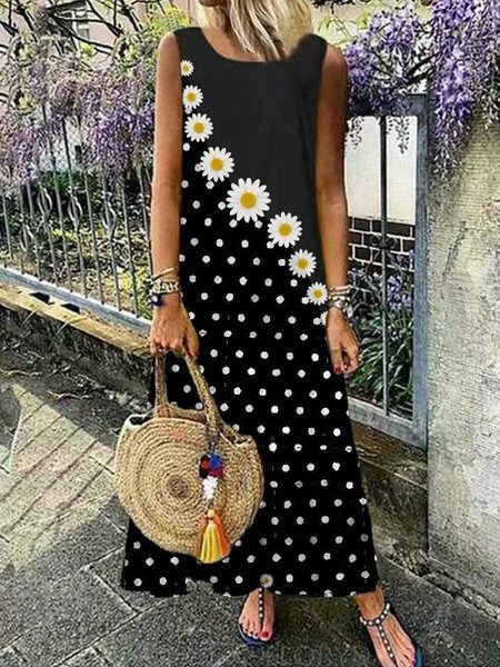 

Maxi Abito a Pois a Girocollo Casuale, Nero, Midi Dresses