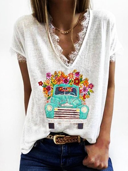

Top Casuale Dritto con Scollo a V Pizzo di Cotone, Bianco, T-Shirts