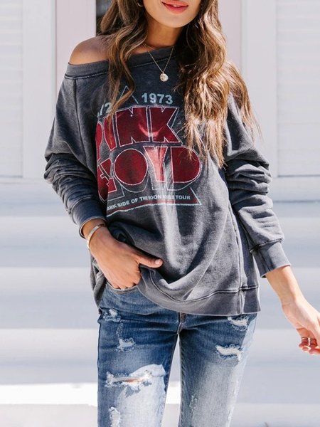 

Deep Gray Casual Cotton-Blend Round Neck Printed T-shirt, Tops