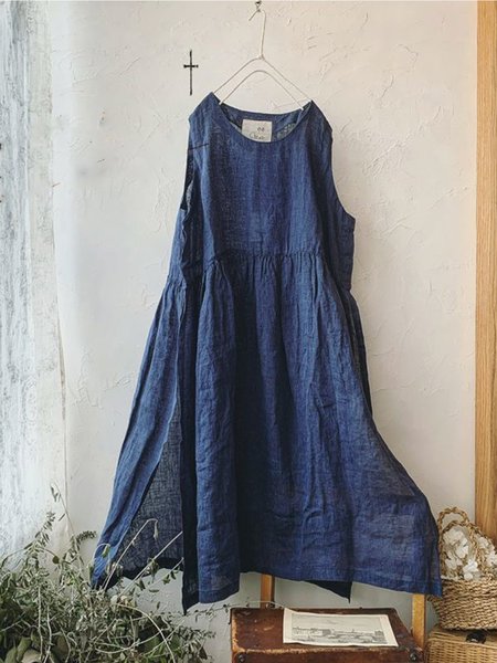 

Abito a Girocollo Casuale in Lino, Blu marino, Dresses