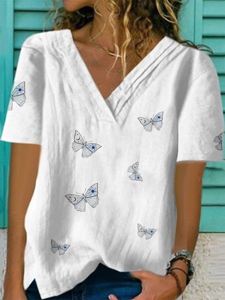 

Top Farfalla con Scollo a V di Cotone, Bianco, T-Shirts