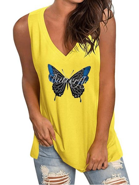 

T-Shirt con Scollo a V Stampato Casuale di Misto Cotone, Giallo, T-Shirts