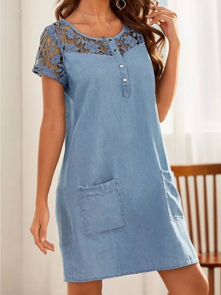 

Abito a Girocollo Dritto Casuale Patchwork, Celeste, Midi Dresses