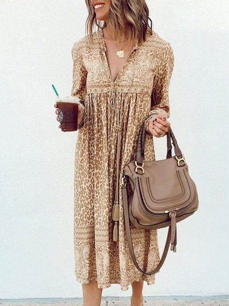 

Abito Stampato con Scollo a V, Cachi, Midi Dresses