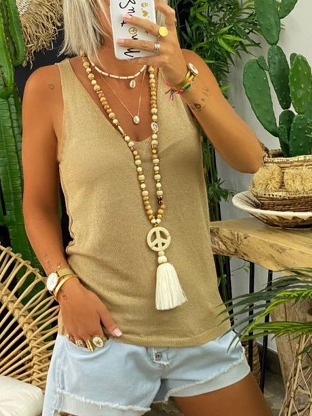 

Top con Scollo a V Dritto Jersey, Cachi, Tank Top