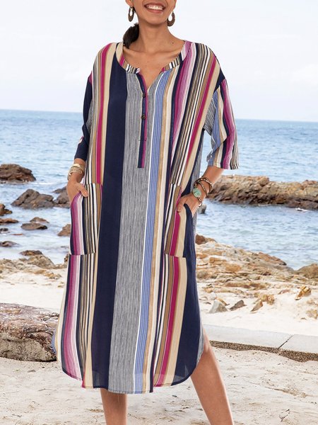 

Boho Striped Half Sleeve Weaving Dress, Flower, Midi Dresses