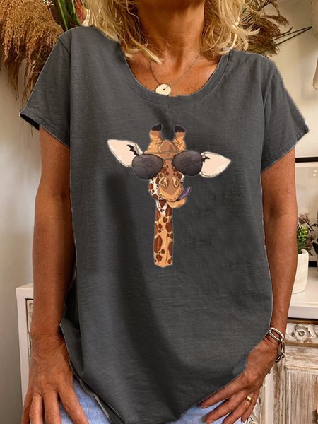 T-Shirt Casuale Animale Stampato Dritto, Grigio scuro, T-Shirts