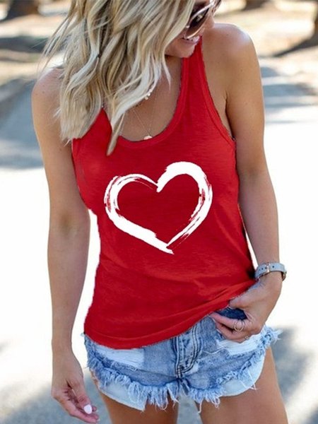 

Vintage Sleeveless Love Printed Crew Neck Plus Size Casual Vest Tops, Red, Tops