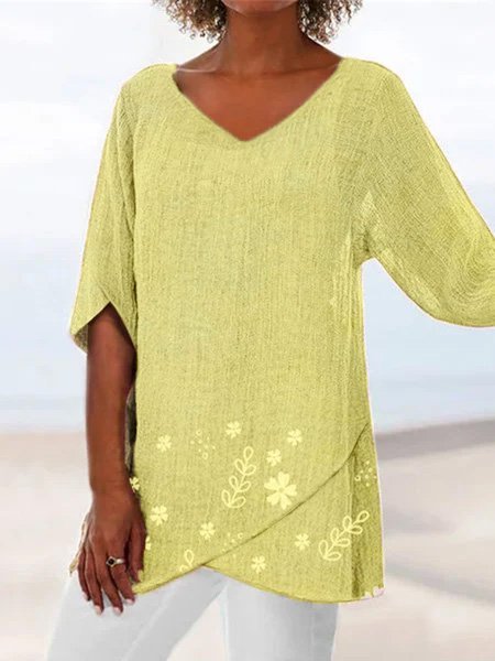 

Women Floral Print Irregular V Neck Blouses, Yellow, Blouses & Shirts