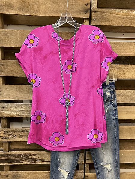 

Pink Crew Neck Cotton-Blend Short Sleeve T-shirt, T-shirts