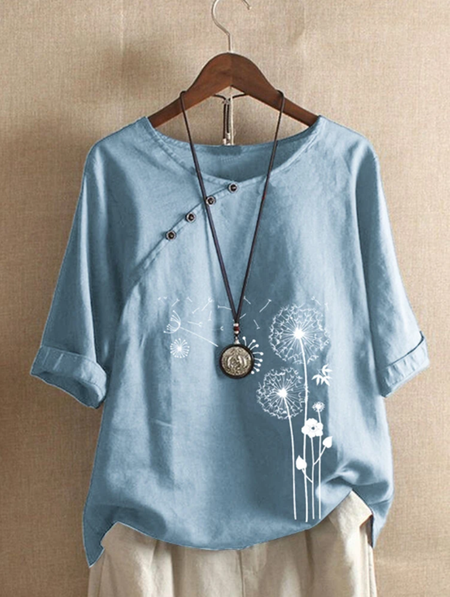 

Casual Shift Cotton-Blend 3/4 Sleeve Tops, Light blue, T-Shirts