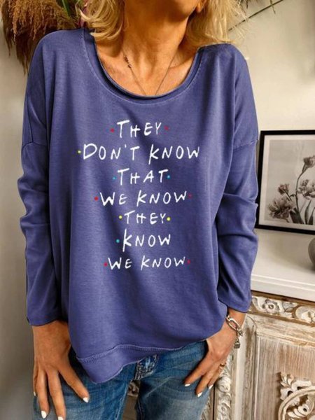 

Long Sleeve Printed Crew Neck Cotton-Blend T-shirt, Blue, Tops