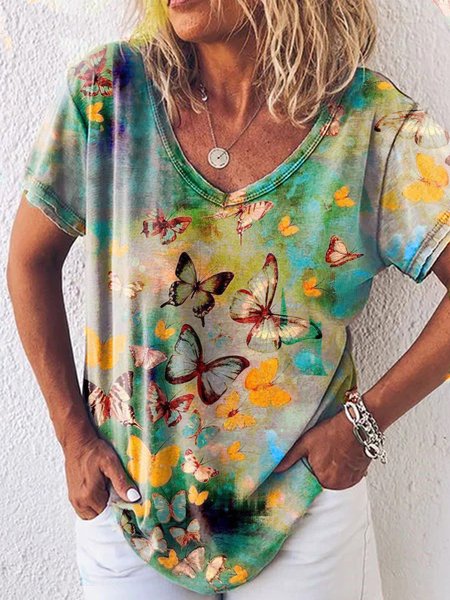 

T-Shirt con Scollo a V Floreale di Misto Cotone, Colore, T-Shirts