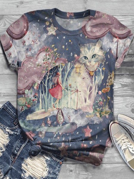

Top Vintage Animale di Misto Cotone, Blu, T-Shirts