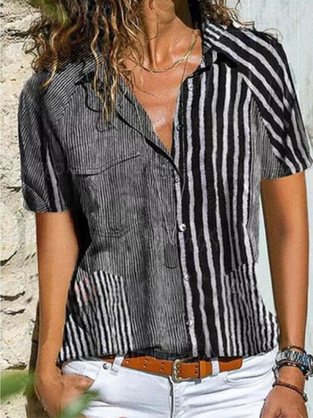 

Camicetta a Righe con Tasche Casuale, Grigio, Blouses & Shirts