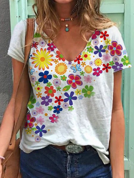 

T-Shirt Stampato Casuale Floreale, Bianco, T-Shirts