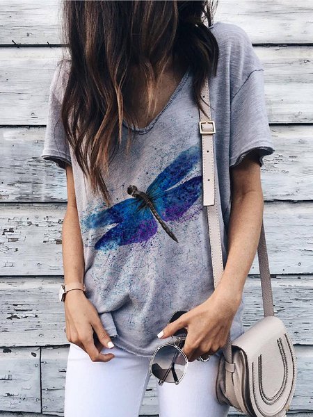 

T-Shirt con Scollo a V Animale di Misto Cotone, Grigio, Tops