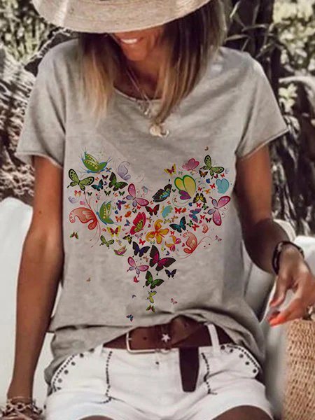 

Casual Short Sleeve Printed T-shirt, Khaki, Tops