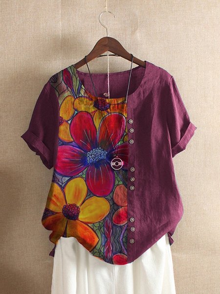 

T-Shirt Vintage Floreale di Misto Cotone, Viola, Blouses & Shirts