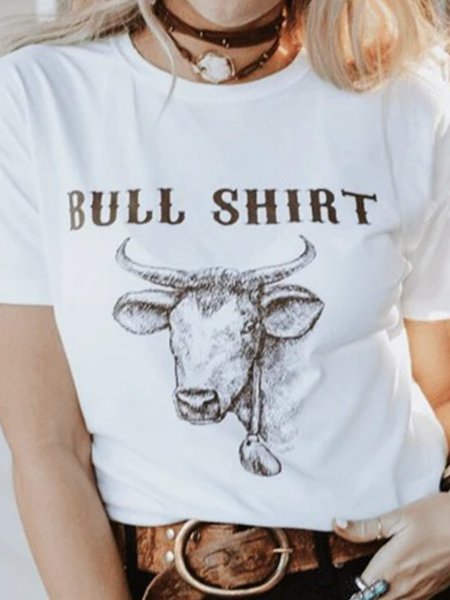 

Western style casual plus size loose cow head pattern printed short sleeve round neck T-shirt, White, Tops