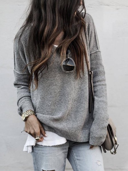 

Top Casuale a Maniche Lunghe, Grigio, Blouses & Shirts