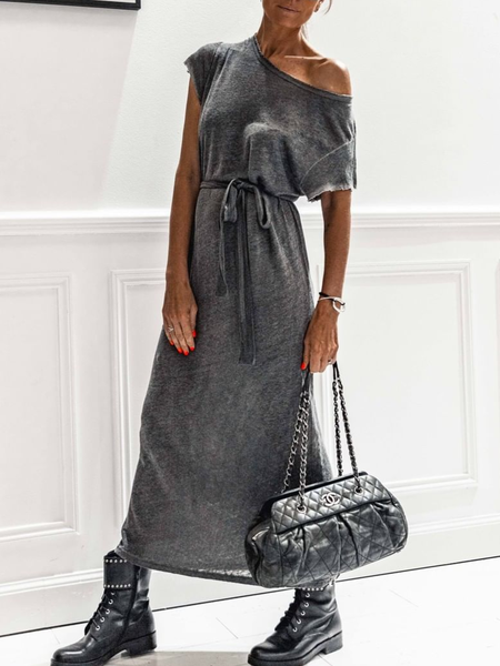

Solid Short Sleeve Cotton-Blend Casual Dresses, Gray, Dresses