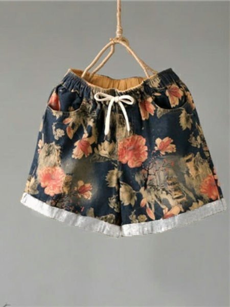 

Pantaloni Floreale Denim Casuale, Blu, Bottoms
