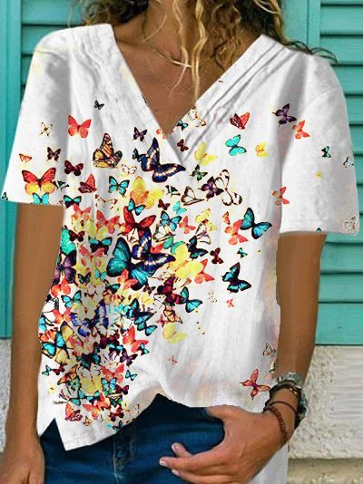 

Top con Scollo a V Stampato di Misto Cotone, Bianco, T-Shirts