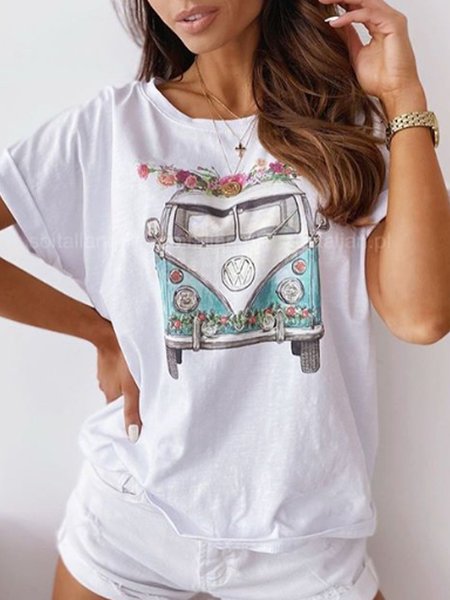 

Bianco Stampato Floreale Casuale Misto Cotone Top, T-Shirts