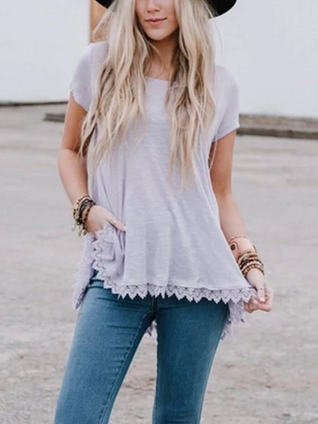 

T-Shirt a Girocollo Casuale Sciolto Pizzo, Grigio, T-Shirts