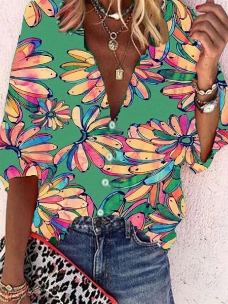 

Top con Scollo a V Casuale Vintage Stampato Floreale, Verde, Blouses & Shirts